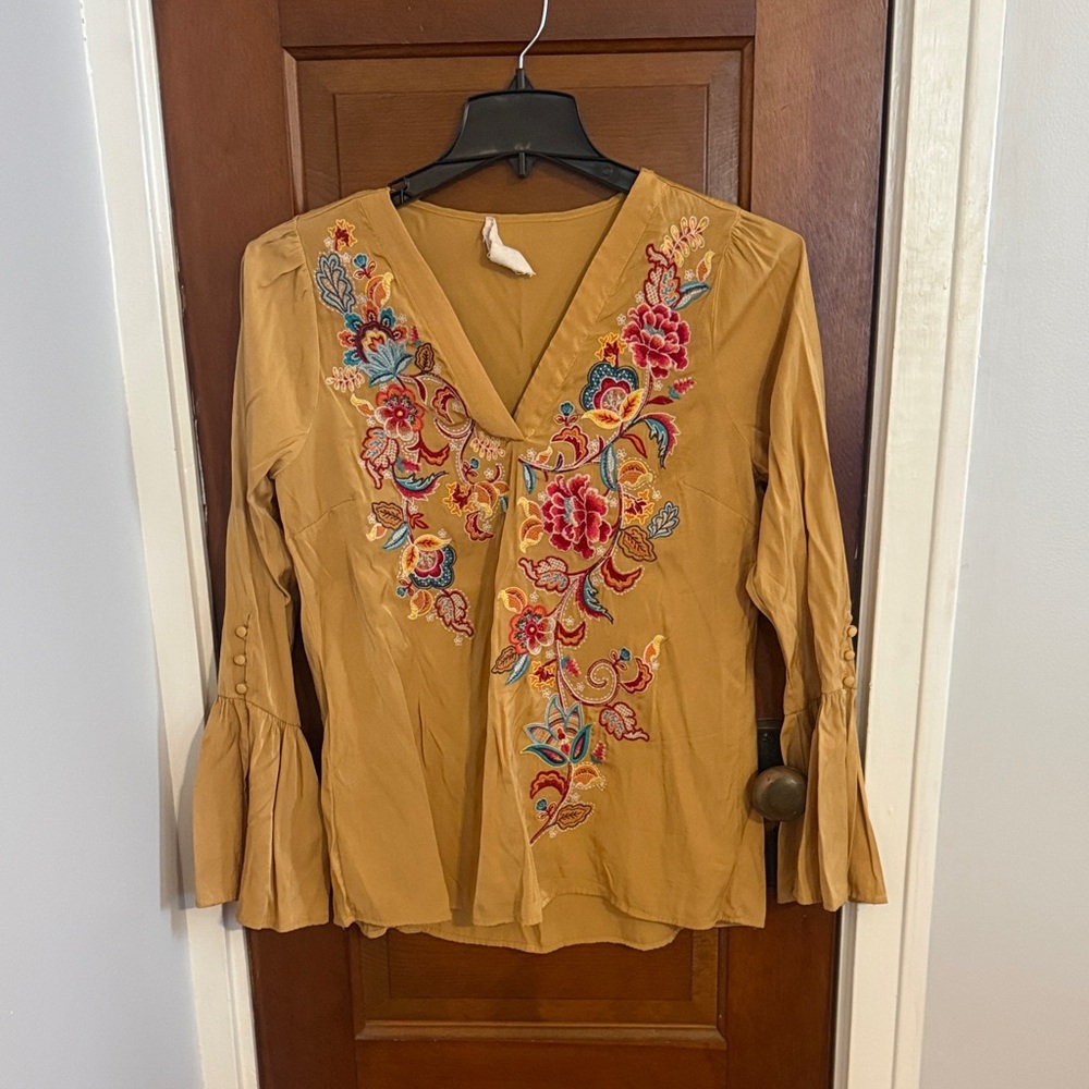 Savanna Jane Mustard Blouse with Colorful Embroidery